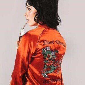 VALFRE Don't Worry Be Happy red satin retro style bomber jacket